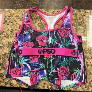PSD Rose Smoke Graphic Sports Bra & Boxer Brief Set Small Pink Band